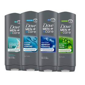 DOVE MEN + CARE front packaging showing four bottles and clear labeling for hydration