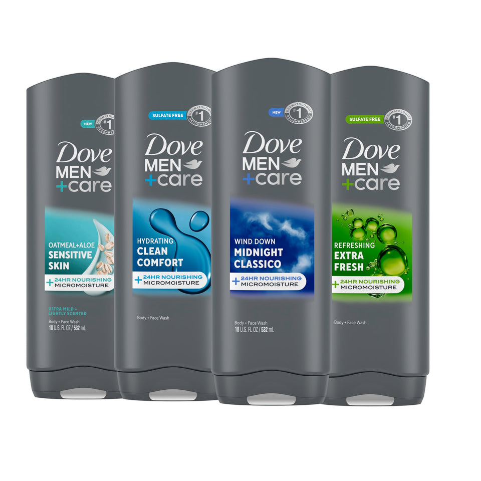 DOVE MEN + CARE front packaging showing four bottles and clear labeling for hydration