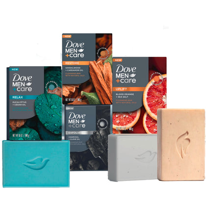 Dove Men+Care front packaging showing four bars and clear benefits