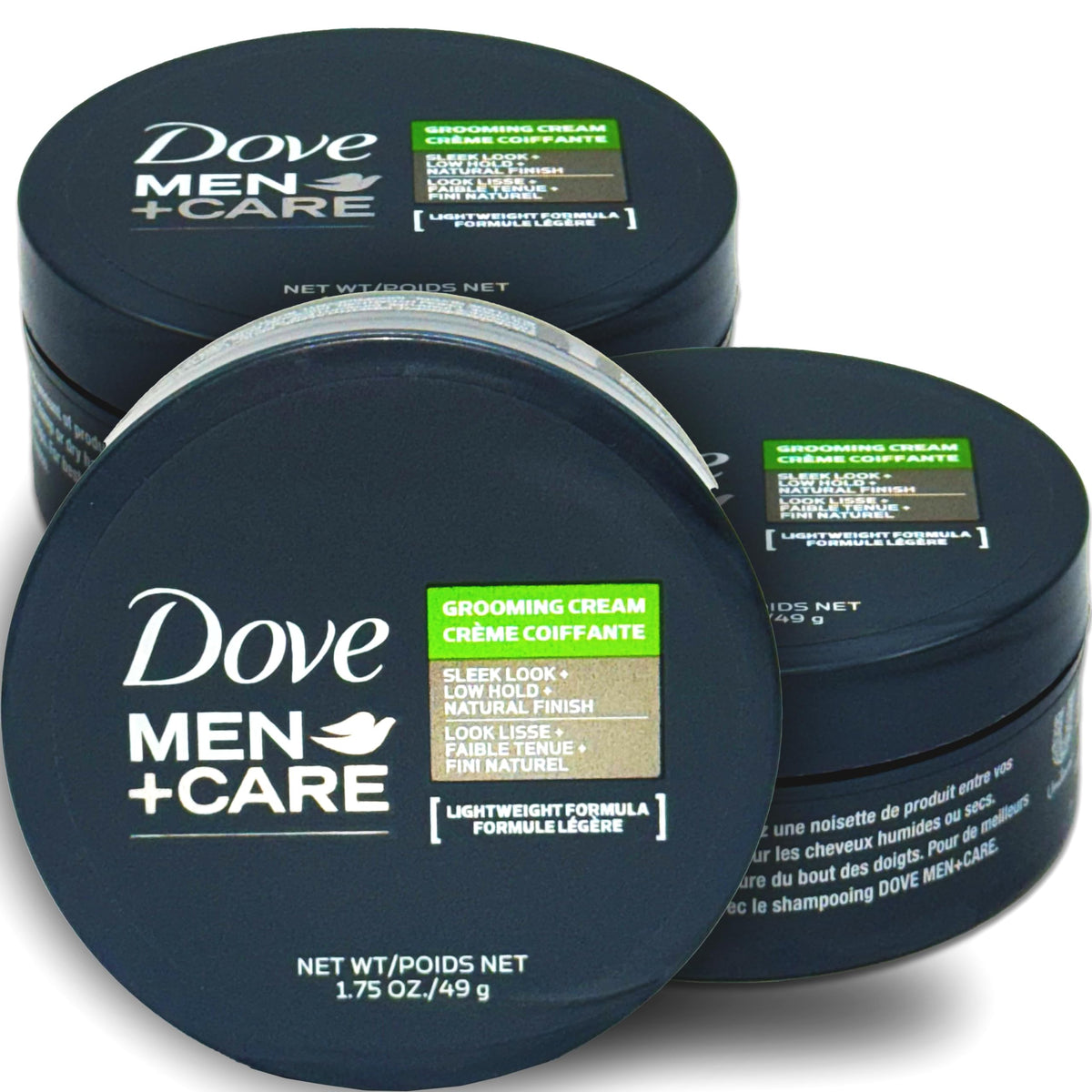 Dove Men+Care front packaging showing three grooming cream tubes for dependable styling