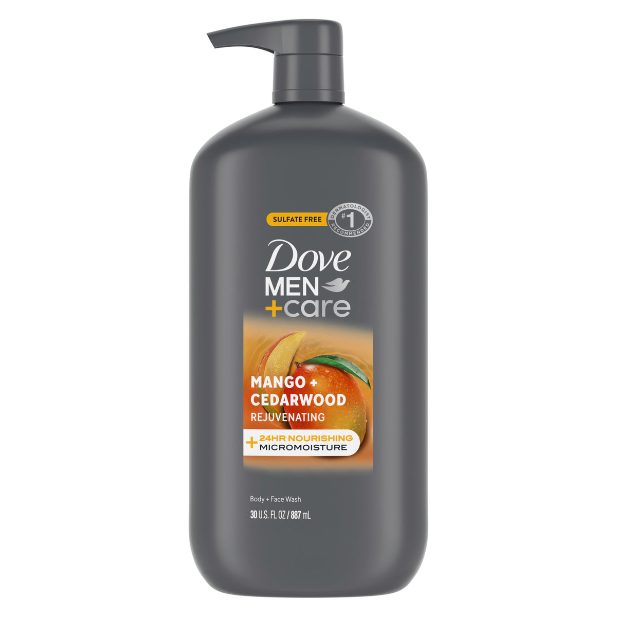 DOVE MEN + CARE front bottle view with mango cedarwood scent benefit