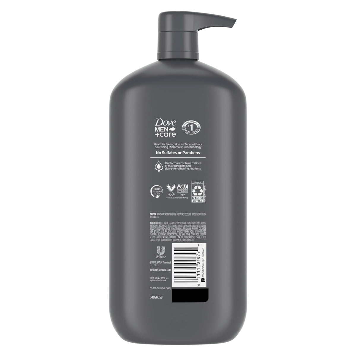 Dove Men+Care pump bottle label close-up highlighting recycled plastic and claims