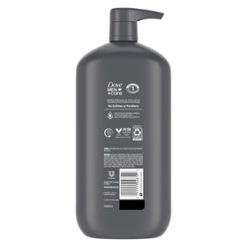 Dove Men+Care pump bottle label close-up highlighting recycled plastic and claims