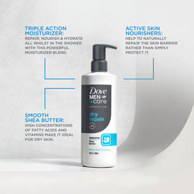 DOVE MEN + CARE recycled plastic bottle label emphasizing eco-friendly packaging