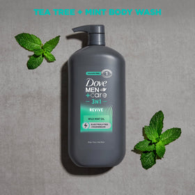 DOVE MEN + CARE bottle with recycled-plastic mark signaling sustainability