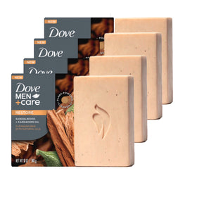 Dove Men+Care pack front showing four bars and sandalwood scent benefit