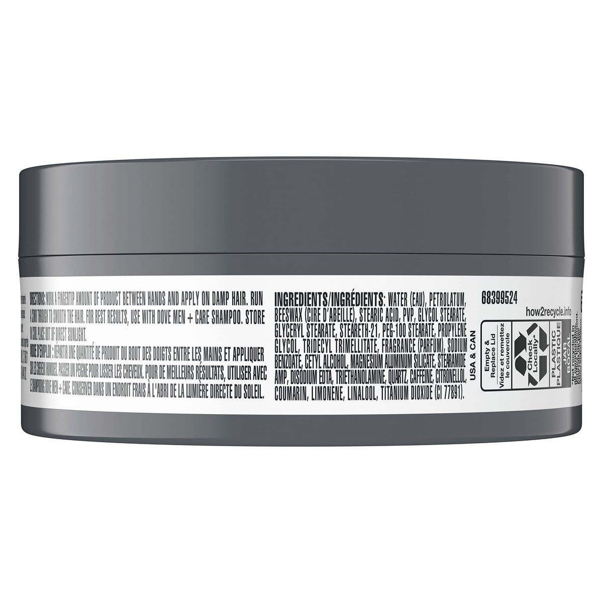 Dove Men+Care open jar showing paste texture, demonstrates workable matte consistency