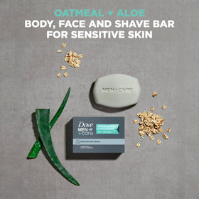 DOVE MEN + CARE bar producing creamy lather in hand to illustrate comfortable shave prep