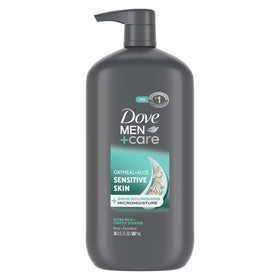 DOVE MEN + CARE front packaging shows gentle face and body wash benefits
