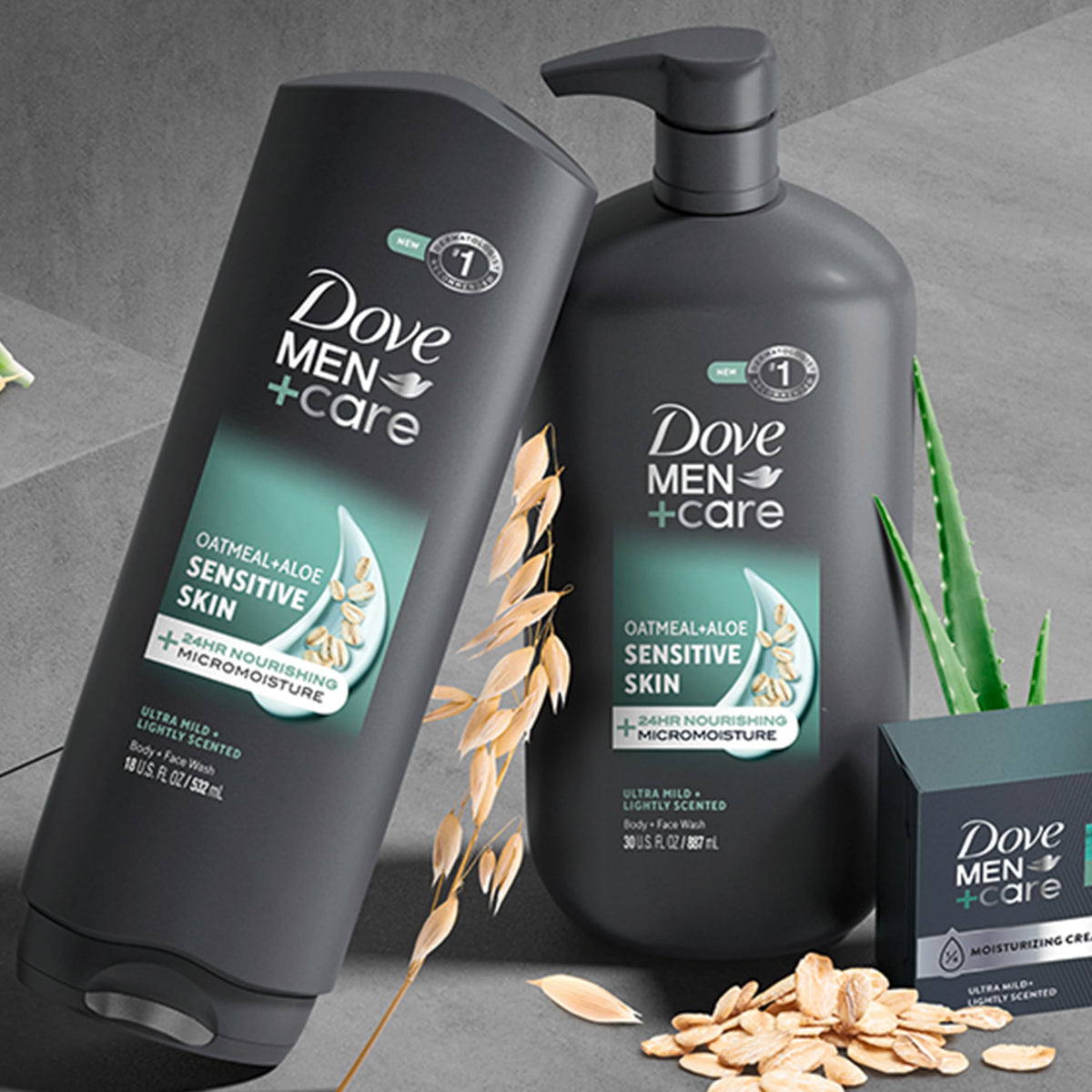 DOVE MEN + CARE oatmeal and aloe ingredient visual for calming action