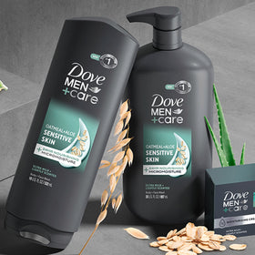 DOVE MEN + CARE oatmeal and aloe ingredient visual for calming action