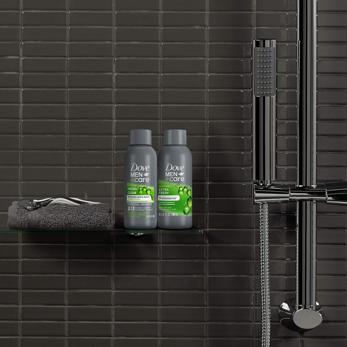 Dove Men+Care shampoo poured into hand illustrating lather and conditioning effect