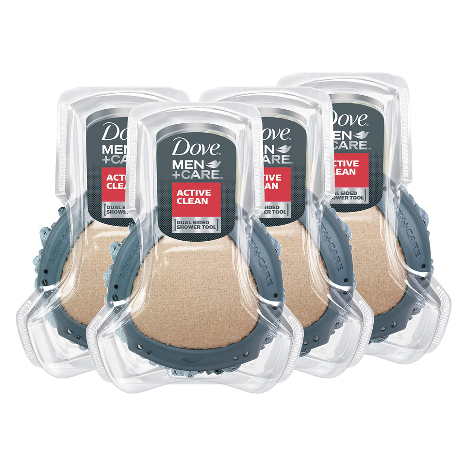 DOVE MEN + CARE front packaging showing four shower tools and benefits