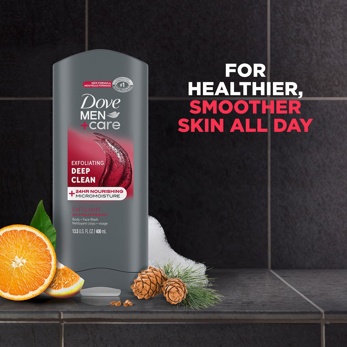 Male model using Dove Men+Care in shower, illustrates effective daily cleansing