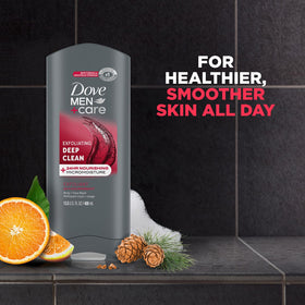 Male model using Dove Men+Care in shower, illustrates effective daily cleansing