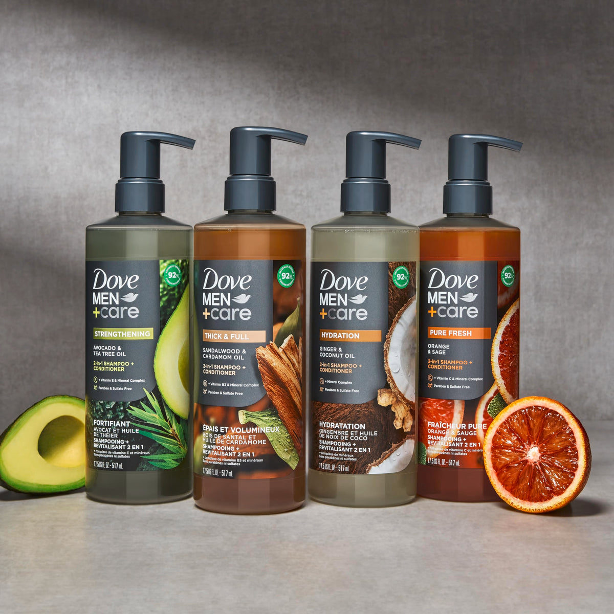 DOVE MEN + CARE 17.5 oz bottle beside a hand for clear size and travel benefit