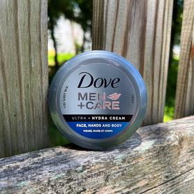 Dove Men+Care next to common items showing compact 2.53 oz size advantage