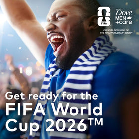 Dove Men+Care dry spray antiperspirant being applied, fast‑drying sweat and odor protection benefit