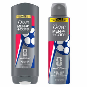 Dove Men+Care front packaging showing limited edition Striker Swag design and FIFA branding, collectible appeal