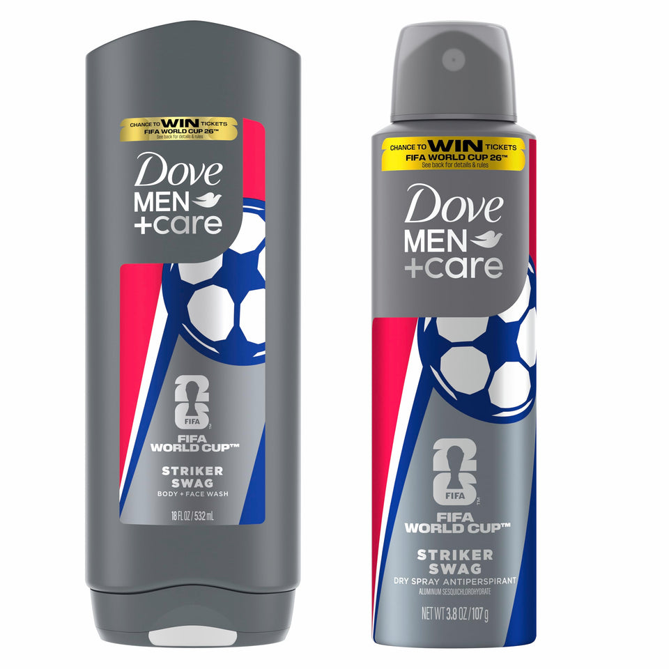 Dove Men+Care front packaging showing limited edition Striker Swag design and FIFA branding, collectible appeal