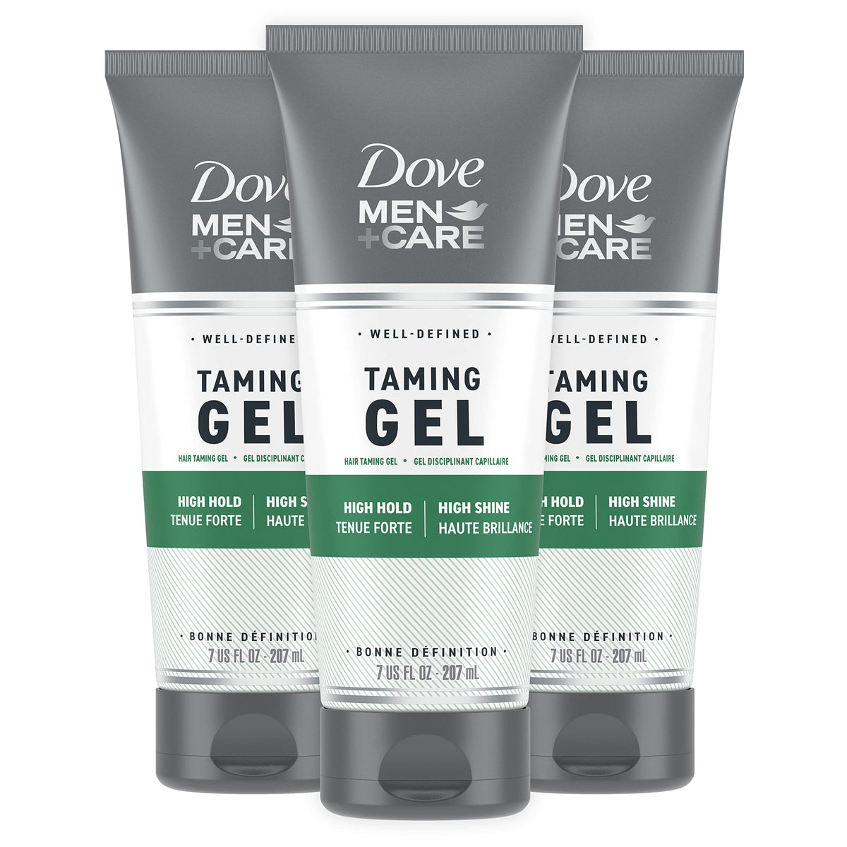 Dove Men+Care front packaging showing strong-hold gel benefit
