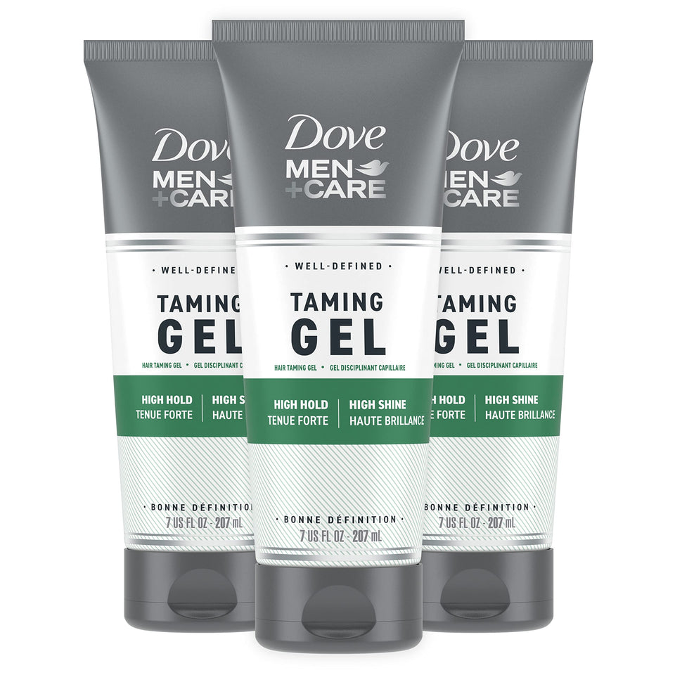 Dove Men+Care front packaging showing strong-hold gel benefit