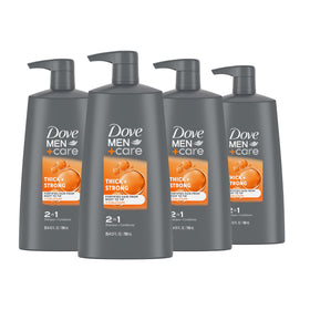 Dove Men+Care front packaging showing four 25.4 oz bottles, clear product benefits
