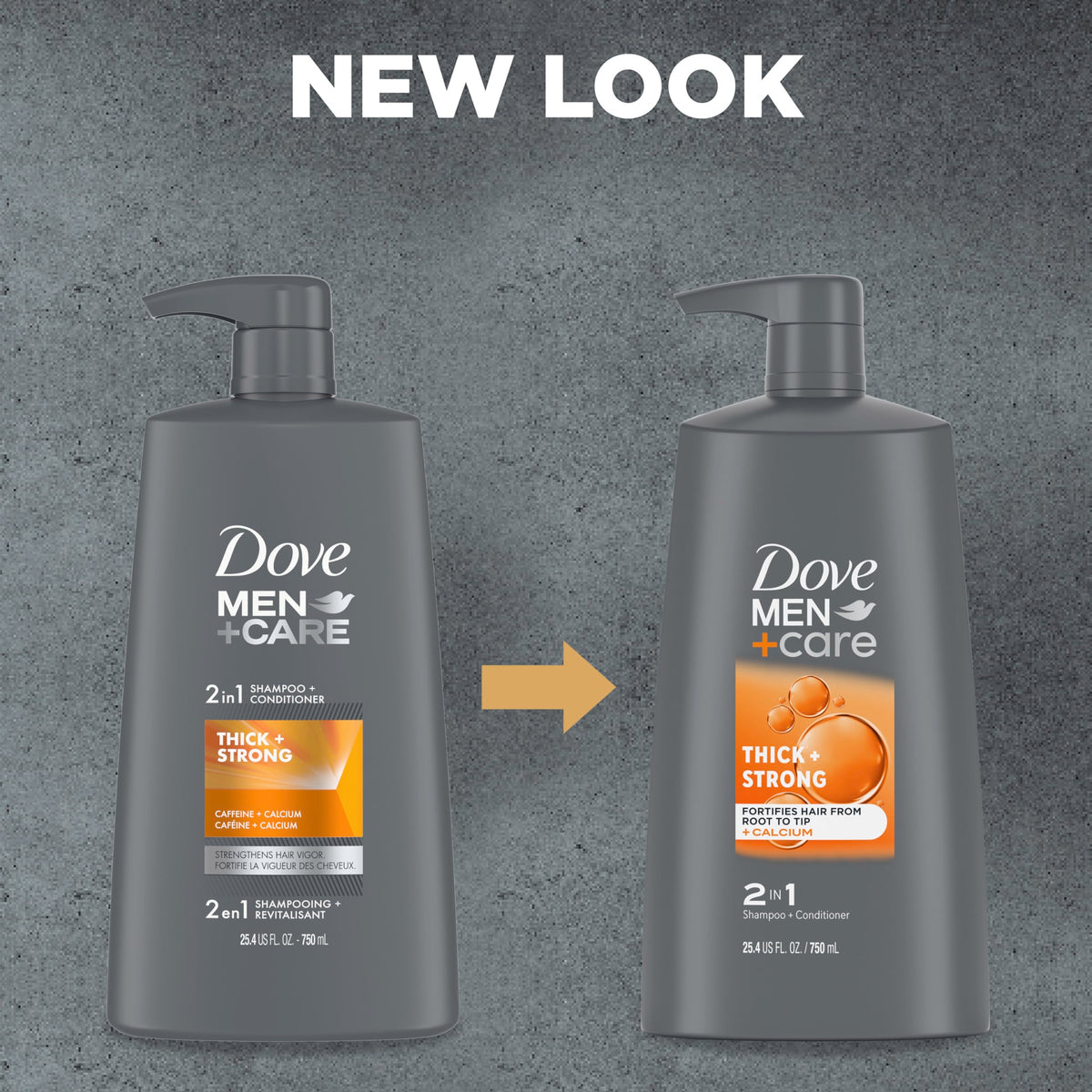 Dove Men+Care label close-up highlighting caffeine and calcium fortifying formula