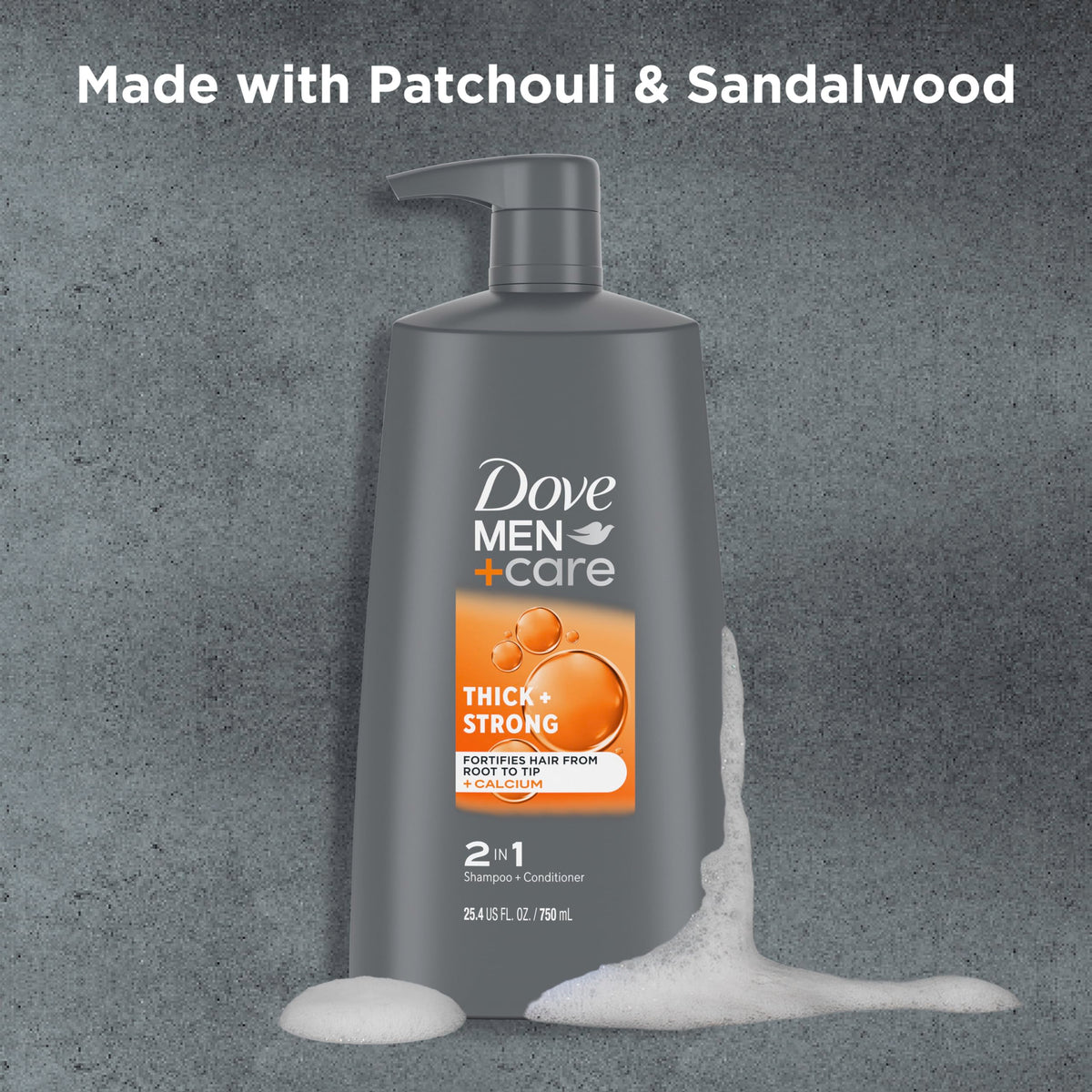 Dove Men+Care bottle dispensing 2-in-1 into palm, fast post-workout use benefit
