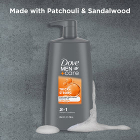 Dove Men+Care bottle dispensing 2-in-1 into palm, fast post-workout use benefit