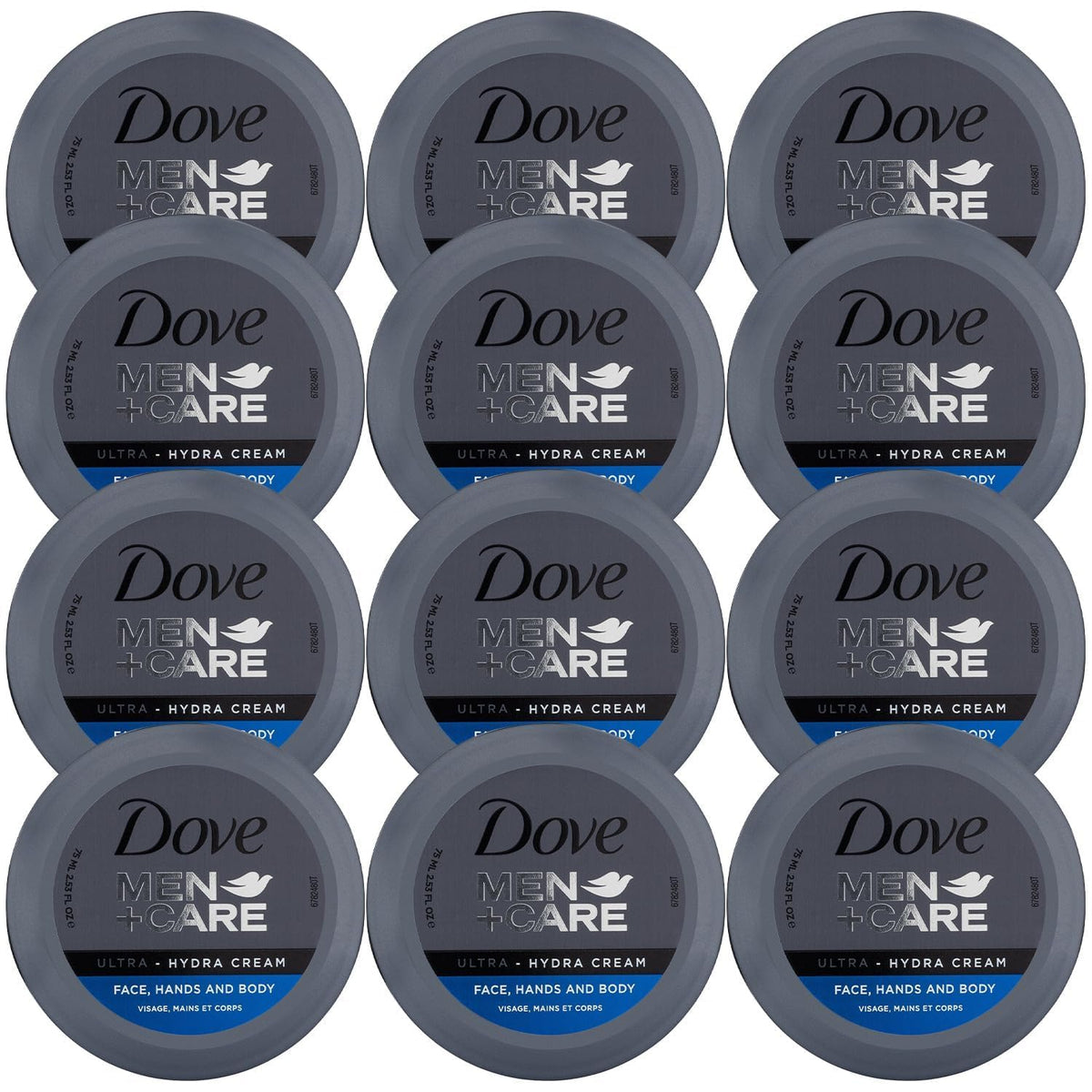 Dove Men+Care front packaging showing compact travel-friendly jar and easy use benefit