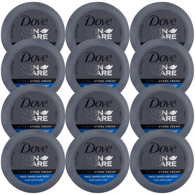 Dove Men+Care front packaging showing compact travel-friendly jar and easy use benefit
