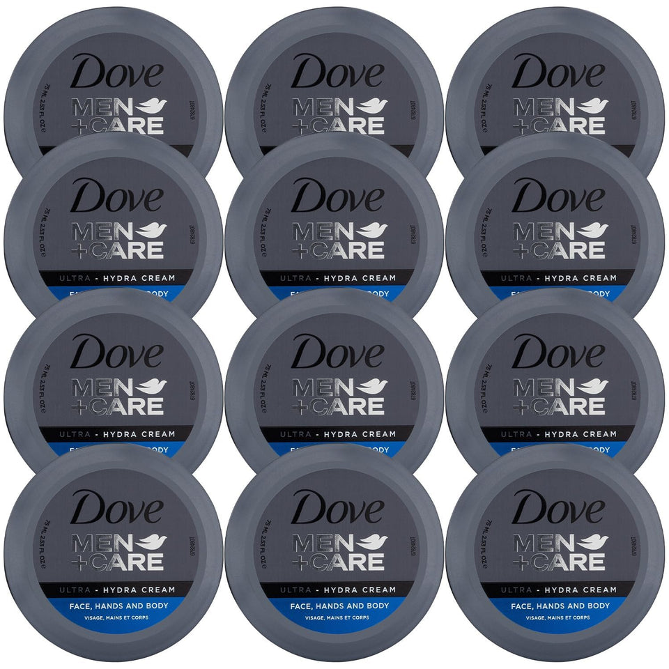 Dove Men+Care front packaging showing compact travel-friendly jar and easy use benefit