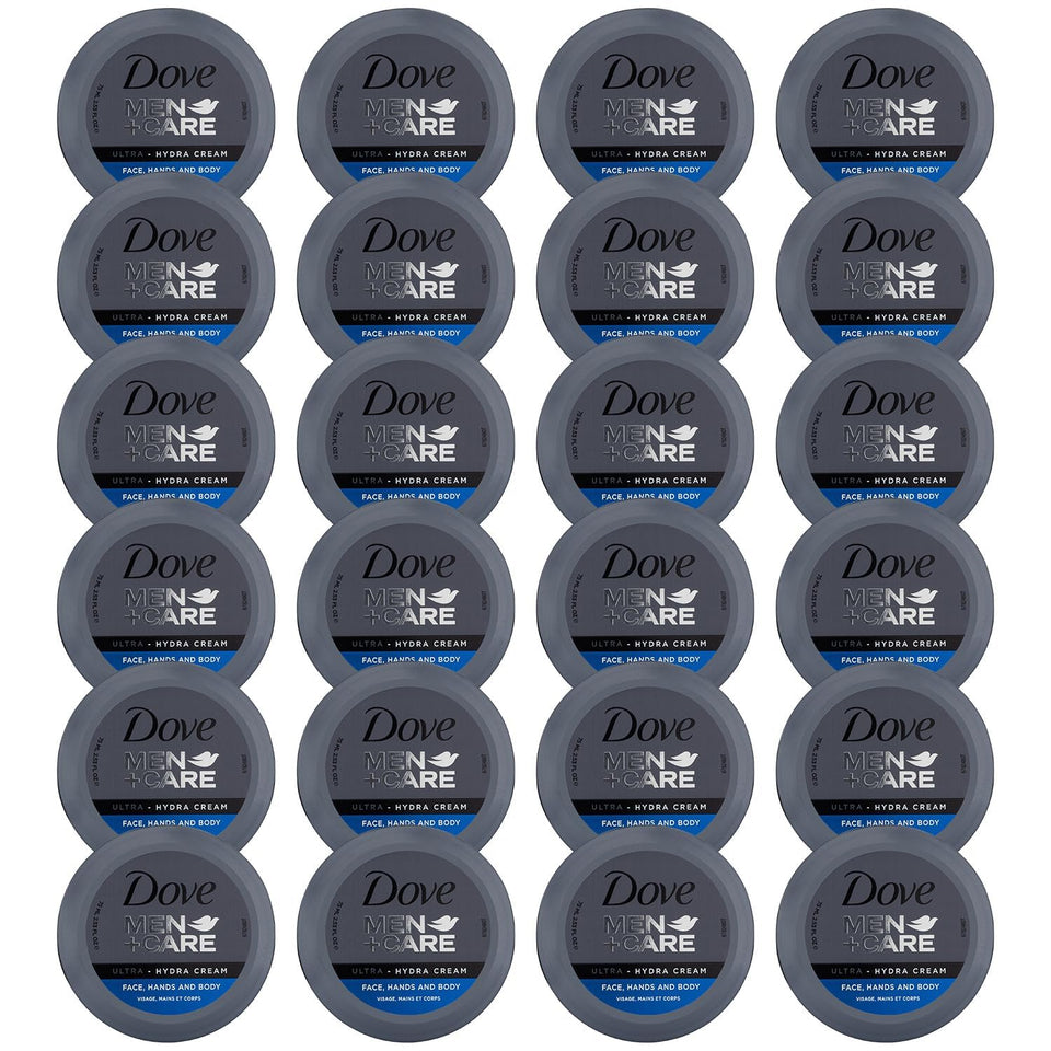 Dove Men+Care front packaging showing compact travel jar benefit portability