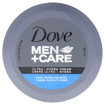 Dove Men+Care Ultra Hydra Cream front tube showing label and size with quick application benefit