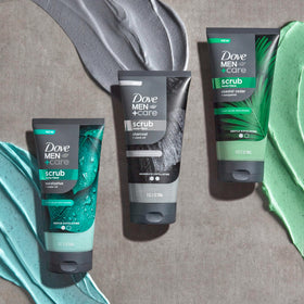 Dove Men+Care on bathroom shelf with complementary grooming products
