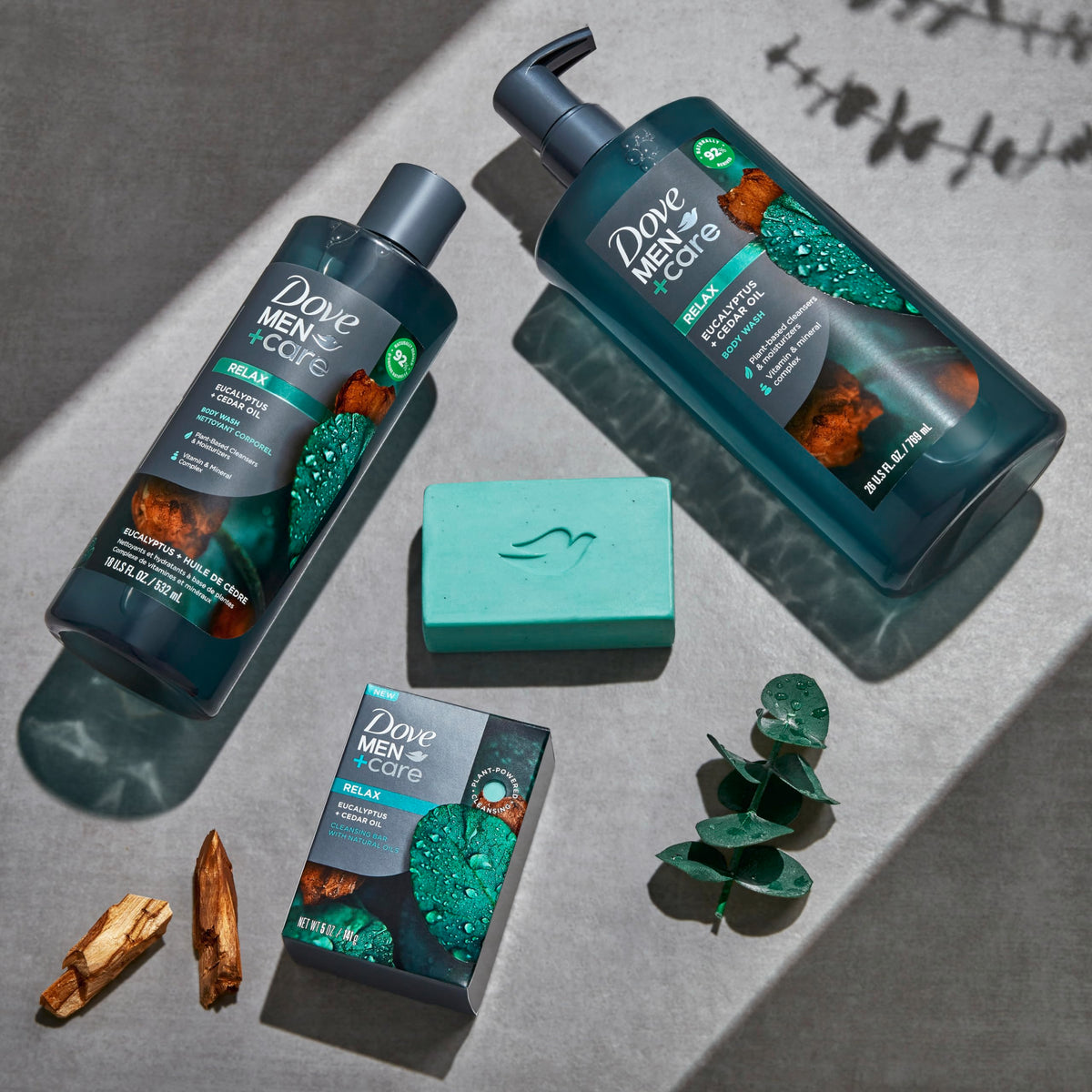 DOVE MEN + CARE on bathroom shelf in lifestyle scene showing routine-ready grooming