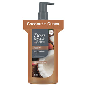 Dove Men+Care front packaging showing 26oz bottle and tropical scent benefits