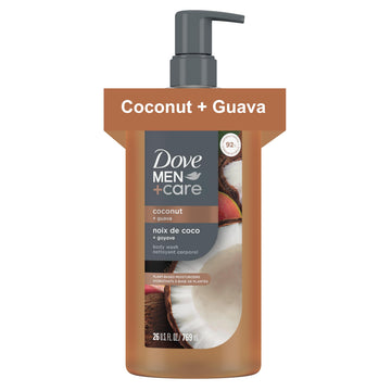 Dove Men+Care front packaging showing 26oz bottle and tropical scent benefits