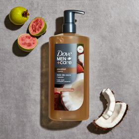 Dove Men+Care bottle next to everyday items showing generous 26oz size