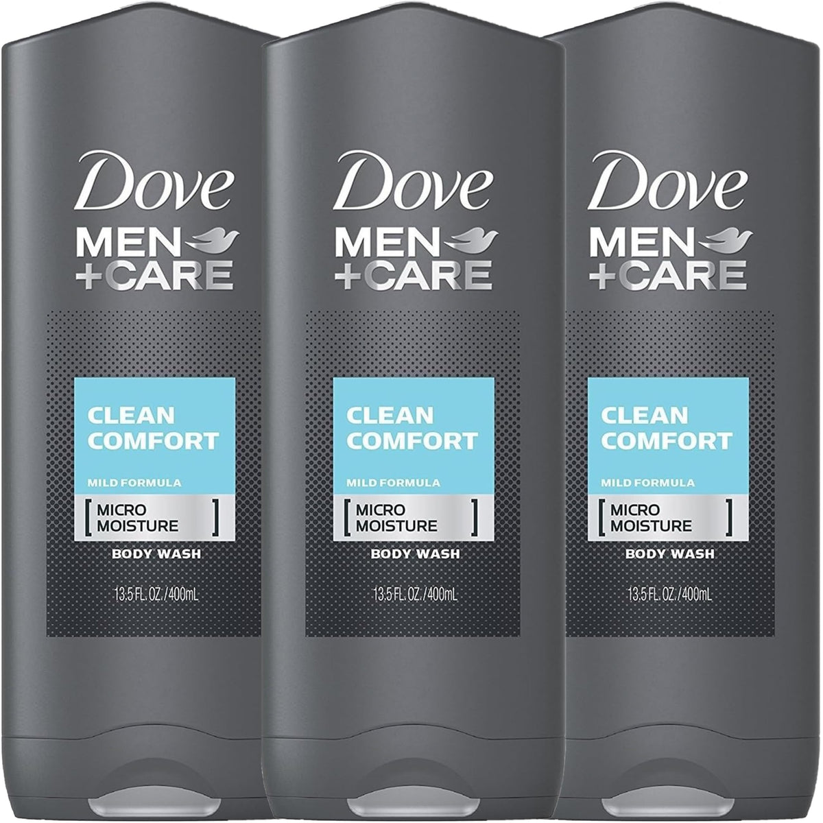 Dove Men+Care front bottle showing Clean Comfort scent and moisturizing benefit
