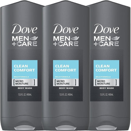 Dove Men+Care front bottle showing Clean Comfort scent and moisturizing benefit