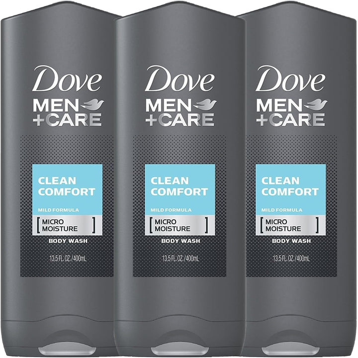 Dove Men+Care front bottle showing Clean Comfort scent and moisturizing benefit