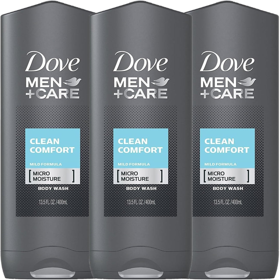 Dove Men+Care front bottle showing Clean Comfort scent and moisturizing benefit