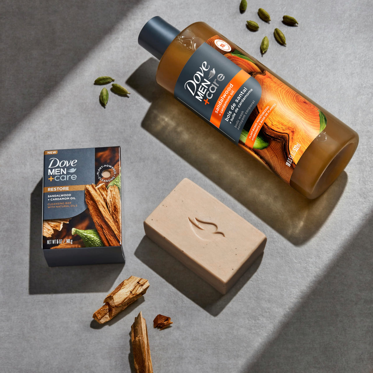 DOVE MEN + CARE bottle in shower setting illustrating daily use benefit