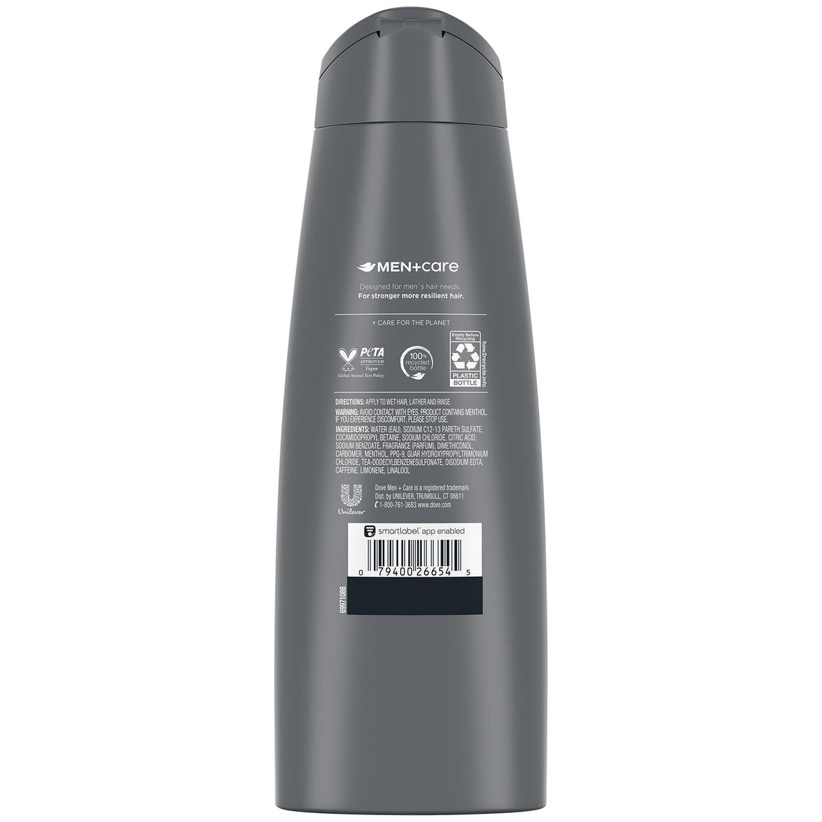 Dove Men+Care back label close-up displaying ingredient list and usage directions for transparency