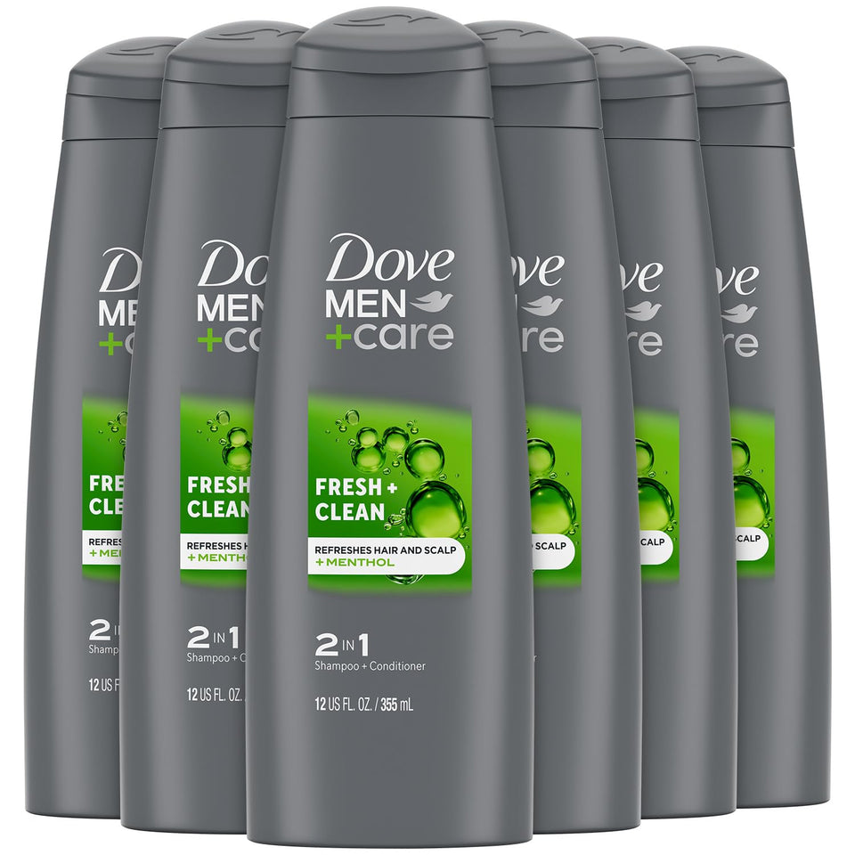 Dove Men+Care front packaging showing bottle and branding, clear product identification and benefit