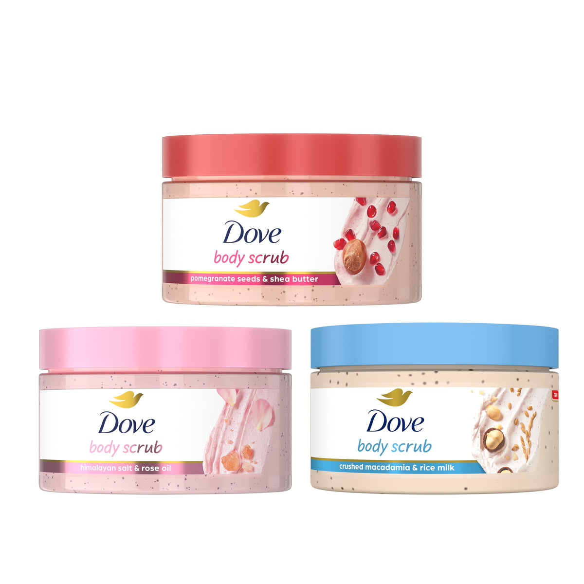 Dove front packaging showing three 3.5 oz jars and product benefits