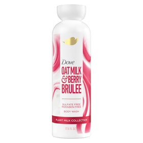 Dove bottle front showing oat milk and berry brulee scent and moisturizing benefit