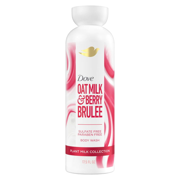 Dove bottle front showing oat milk and berry brulee scent and moisturizing benefit